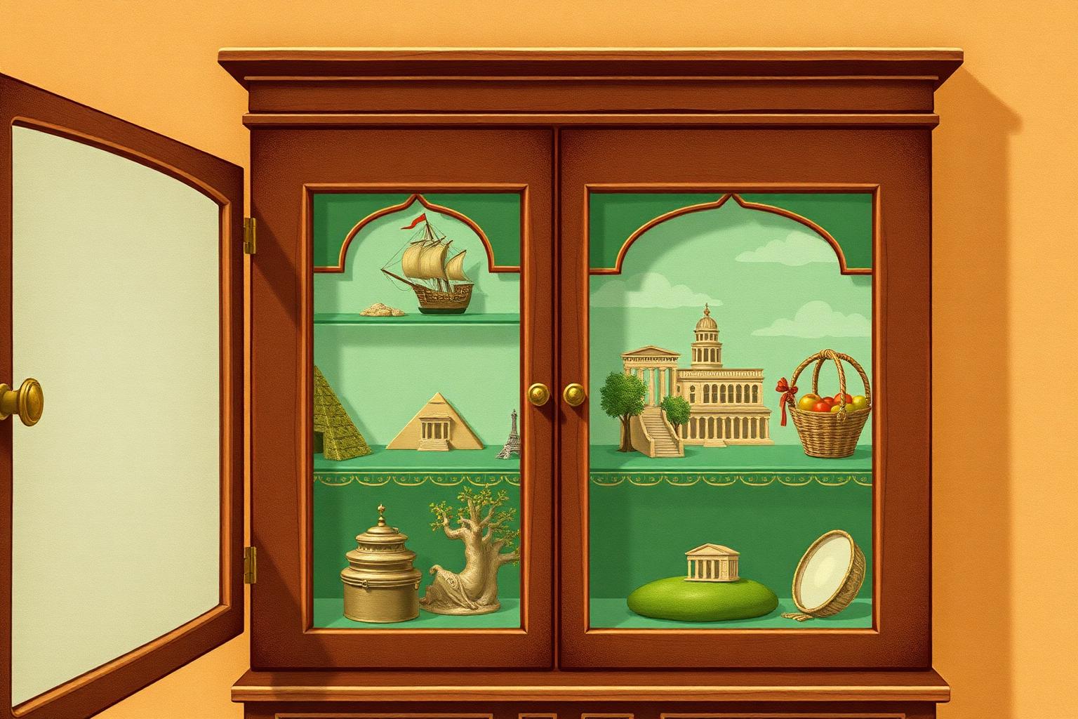 An illustrated curio cabinet displaying miniature themed worlds